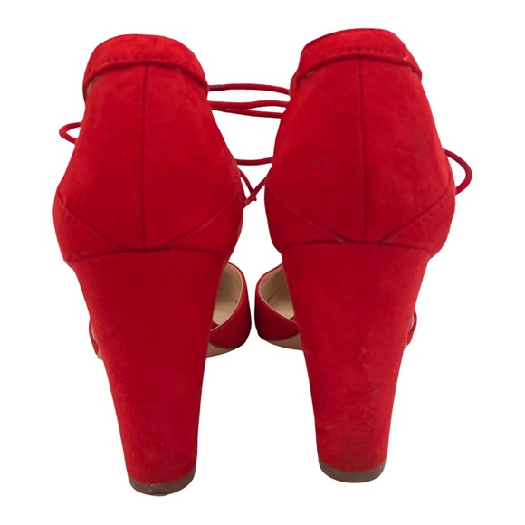 NINE WEST • Bright Red Stefani Suede Strappy Pointed Toe Block High Heels - Picture 8 of 14